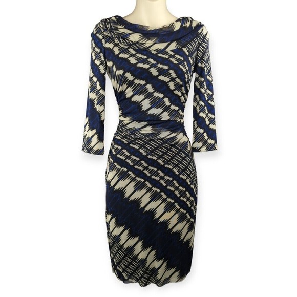 Kay Unger Dresses & Skirts - Kay Unger NY Blue Wiggle Dress Abstract Print Nylon Ruched Cowl Neck Sexy XS